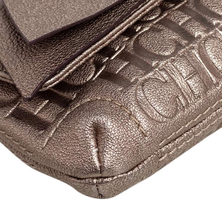 Pre Owned Carolina Herrera Metallic Gold Monogram Embossed Leather Bow Chain Clutch
