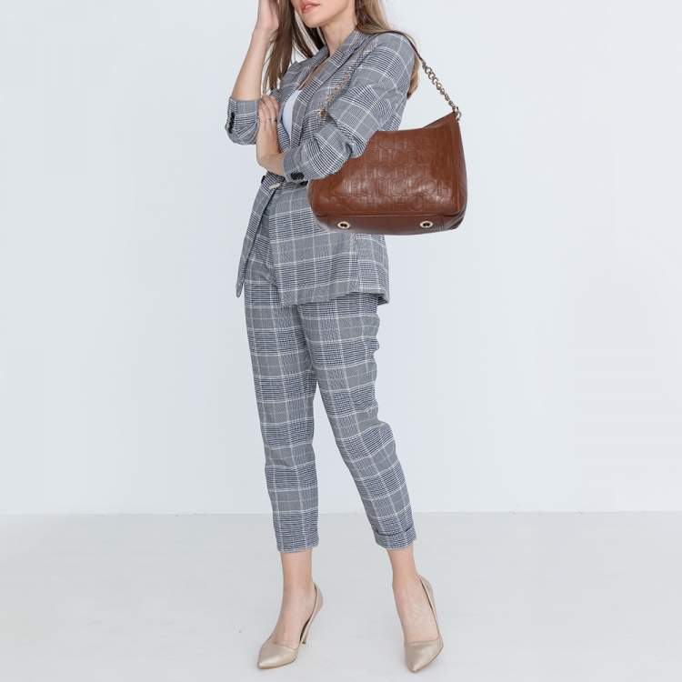 Pre Owned Carolina Herrera Brown Monogram Embossed Leather Chain Hobo