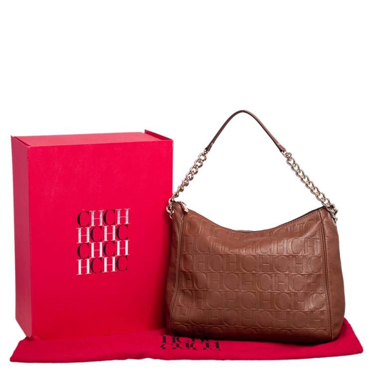 Pre Owned Carolina Herrera Brown Monogram Embossed Leather Chain Hobo