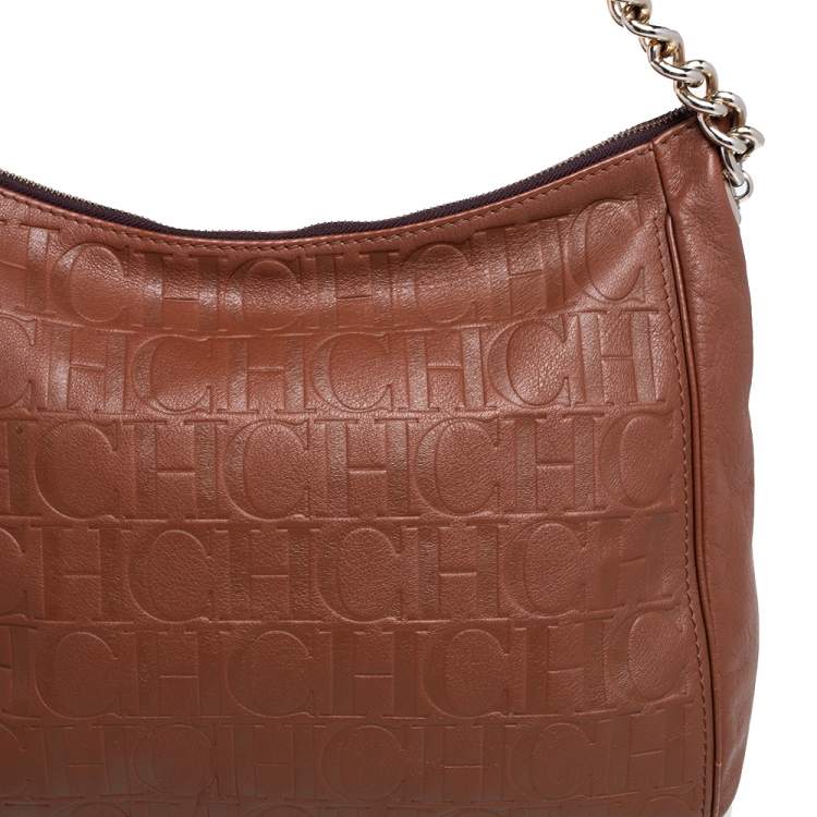 Pre Owned Carolina Herrera Brown Monogram Embossed Leather Chain Hobo