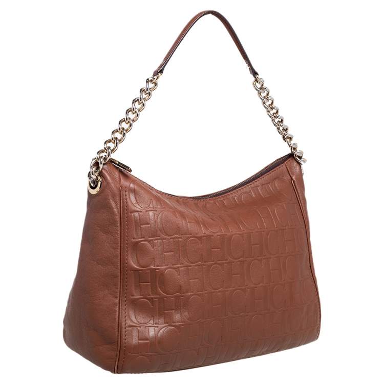 Pre Owned Carolina Herrera Brown Monogram Embossed Leather Chain Hobo