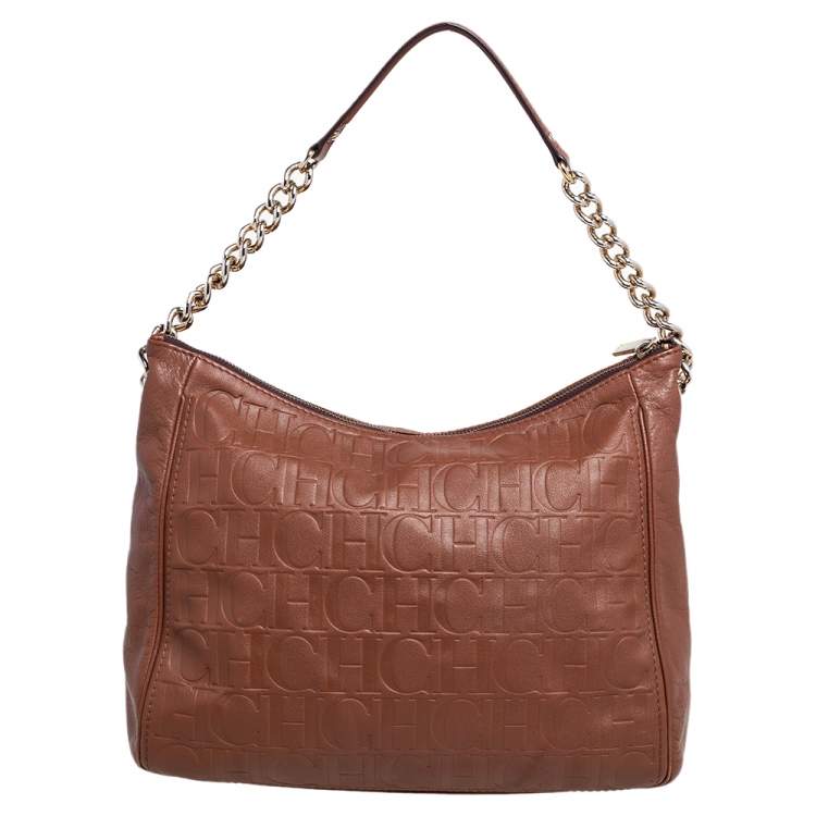 Pre Owned Carolina Herrera Brown Monogram Embossed Leather Chain Hobo