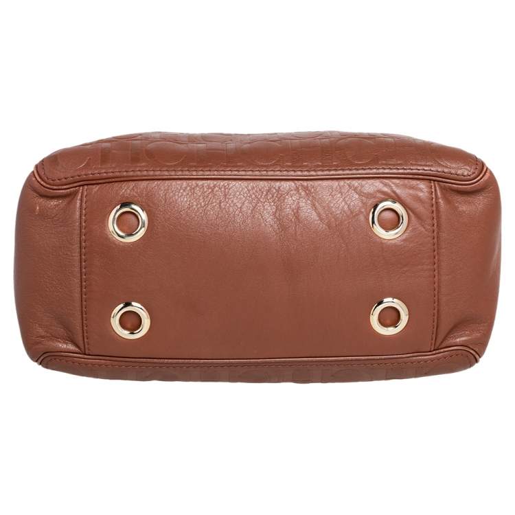 Pre Owned Carolina Herrera Brown Monogram Embossed Leather Chain Hobo