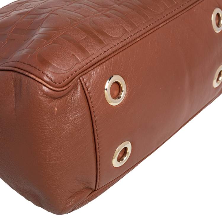 Pre Owned Carolina Herrera Brown Monogram Embossed Leather Chain Hobo