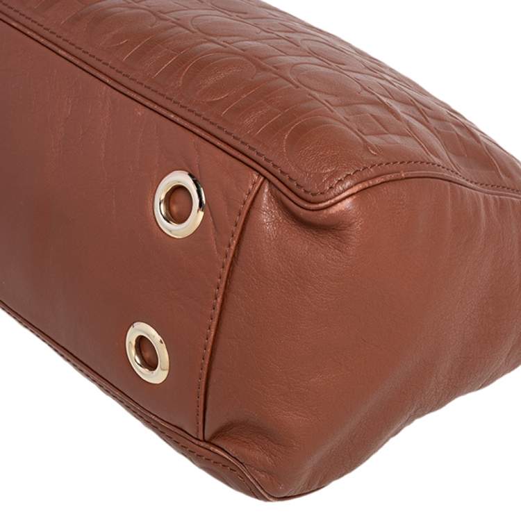 Pre Owned Carolina Herrera Brown Monogram Embossed Leather Chain Hobo