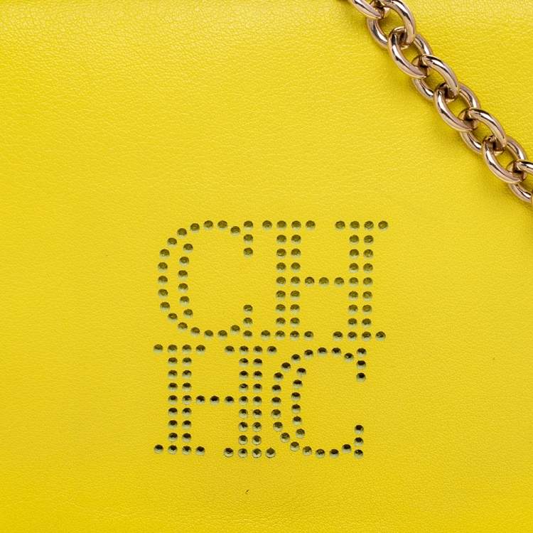 Pre Owned Carolina Herrera Yellow Perforated Logo Leather Flap Tassel Chain Shoulder Bag