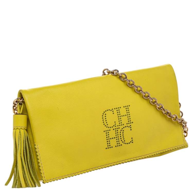 Pre Owned Carolina Herrera Yellow Perforated Logo Leather Flap Tassel Chain Shoulder Bag