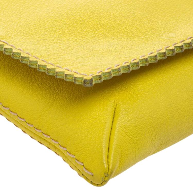 Pre Owned Carolina Herrera Yellow Perforated Logo Leather Flap Tassel Chain Shoulder Bag