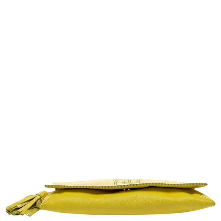 Pre Owned Carolina Herrera Yellow Perforated Logo Leather Flap Tassel Chain Shoulder Bag