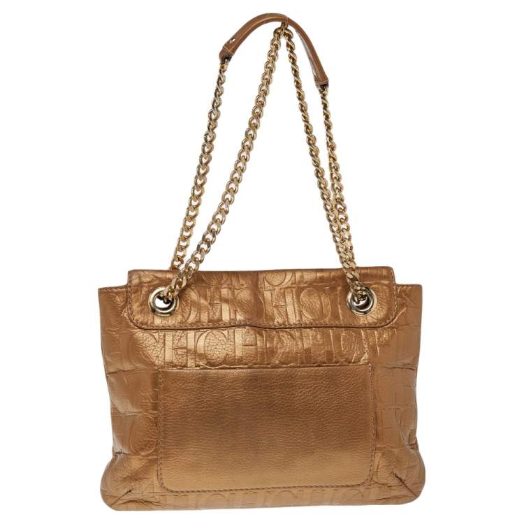 Pre Owned Carolina Herrera Gold Monogram Leather Audrey Shoulder Bag