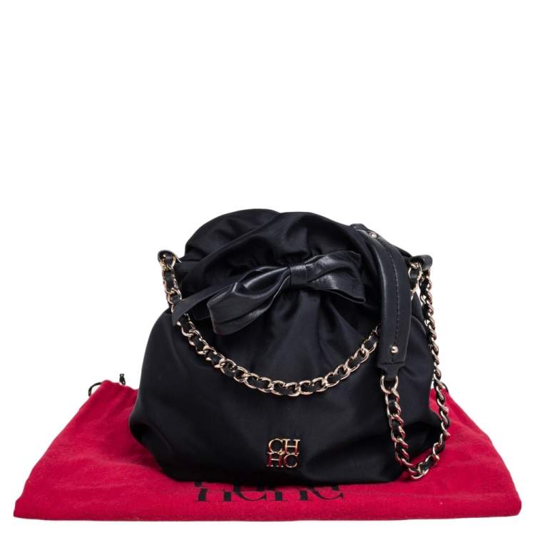 Pre Owned Carolina Herrera Black Nylon and Leather Bow Drawstring Hobo