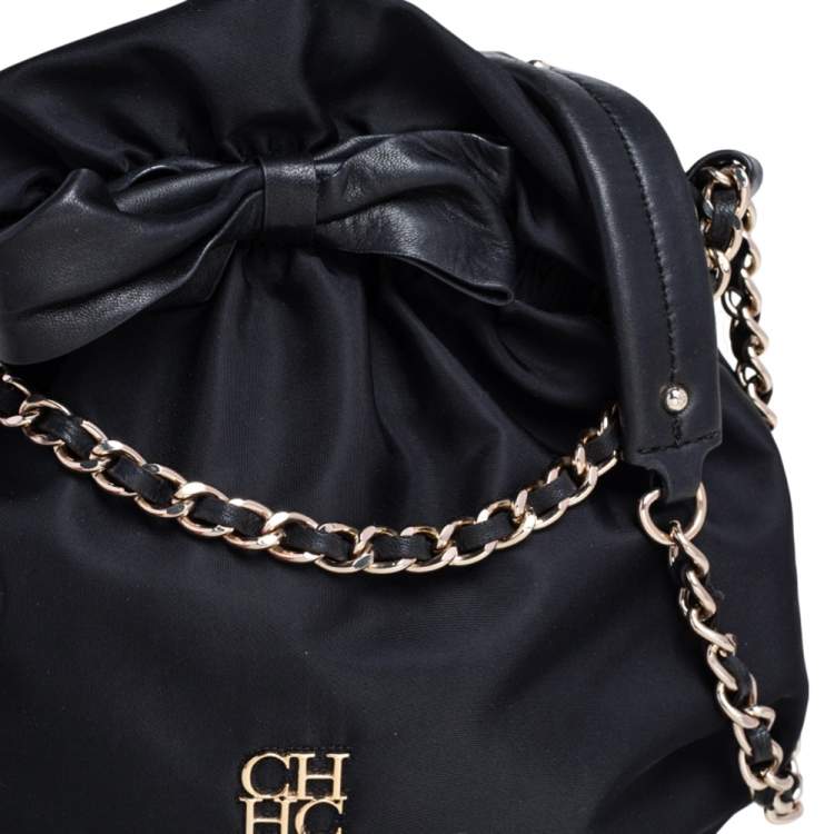 Pre Owned Carolina Herrera Black Nylon and Leather Bow Drawstring Hobo