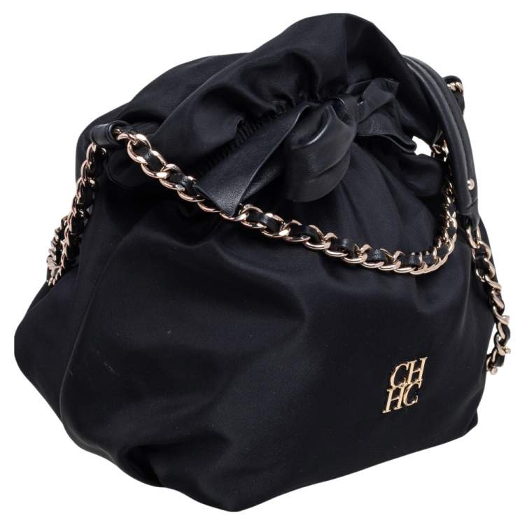 Pre Owned Carolina Herrera Black Nylon and Leather Bow Drawstring Hobo