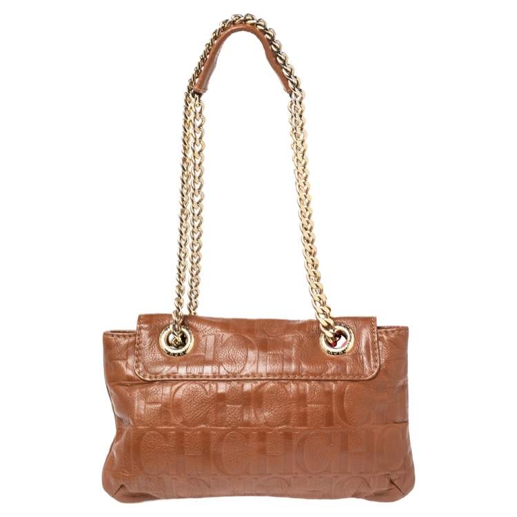 Pre Owned Carolina Herrera Brown Embossed Monogram Leather Bow Chain Shoulder Bag