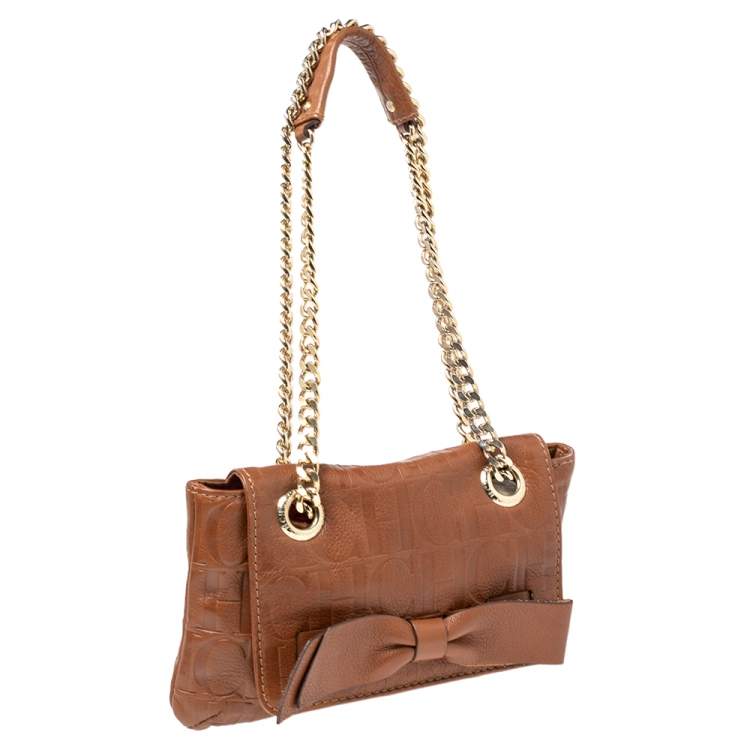 Pre Owned Carolina Herrera Brown Embossed Monogram Leather Bow Chain Shoulder Bag