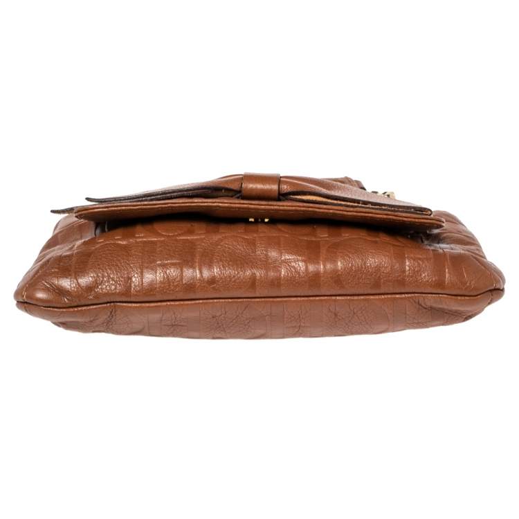 Pre Owned Carolina Herrera Brown Embossed Monogram Leather Bow Chain Shoulder Bag