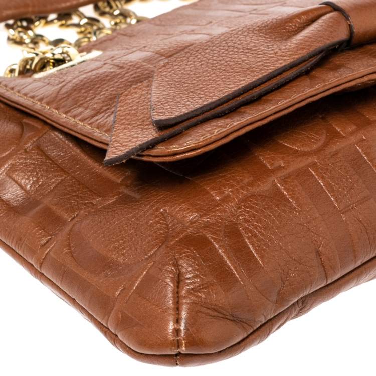 Pre Owned Carolina Herrera Brown Embossed Monogram Leather Bow Chain Shoulder Bag