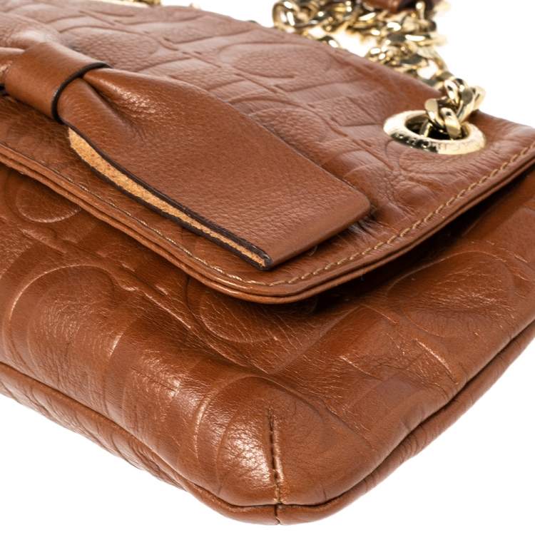 Pre Owned Carolina Herrera Brown Embossed Monogram Leather Bow Chain Shoulder Bag