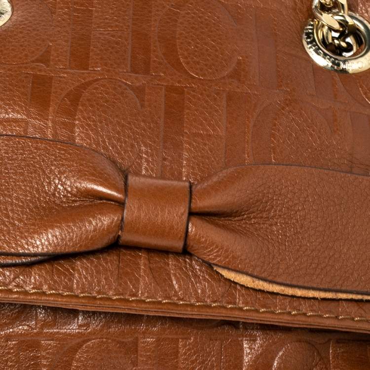 Pre Owned Carolina Herrera Brown Embossed Monogram Leather Bow Chain Shoulder Bag