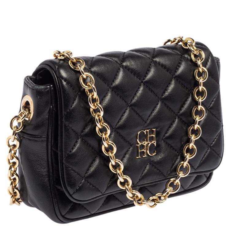Pre Owned Carolina Herrera Black Quilted Leather Chain Crossbody Bag
