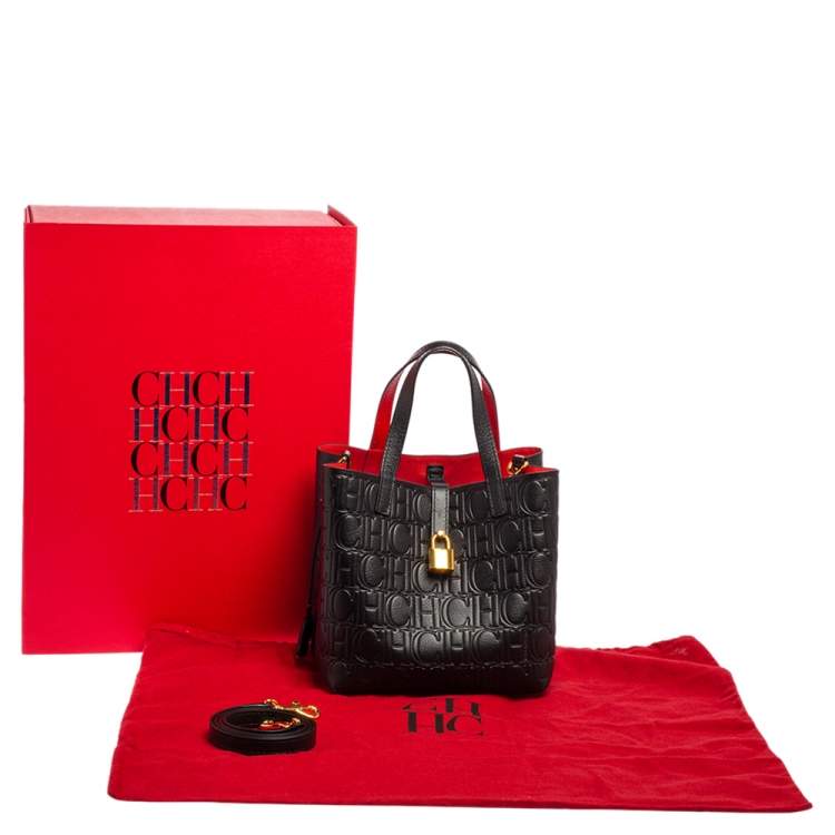 Pre Owned Carolina Herrera Black Monogram Embossed Leather Small Matryoshka Locked Tote