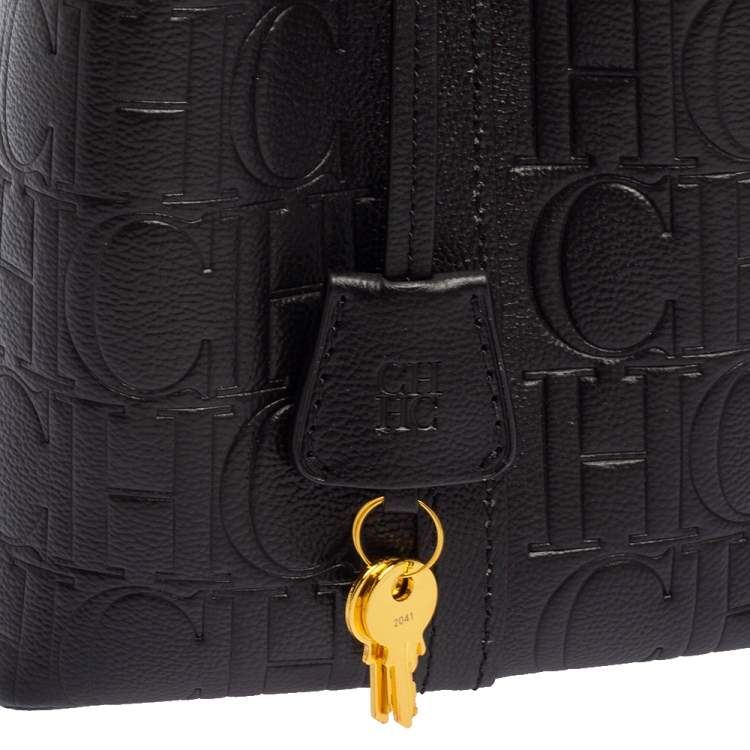 Pre Owned Carolina Herrera Black Monogram Embossed Leather Small Matryoshka Locked Tote