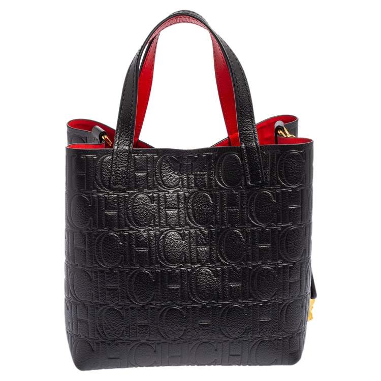 Pre Owned Carolina Herrera Black Monogram Embossed Leather Small Matryoshka Locked Tote