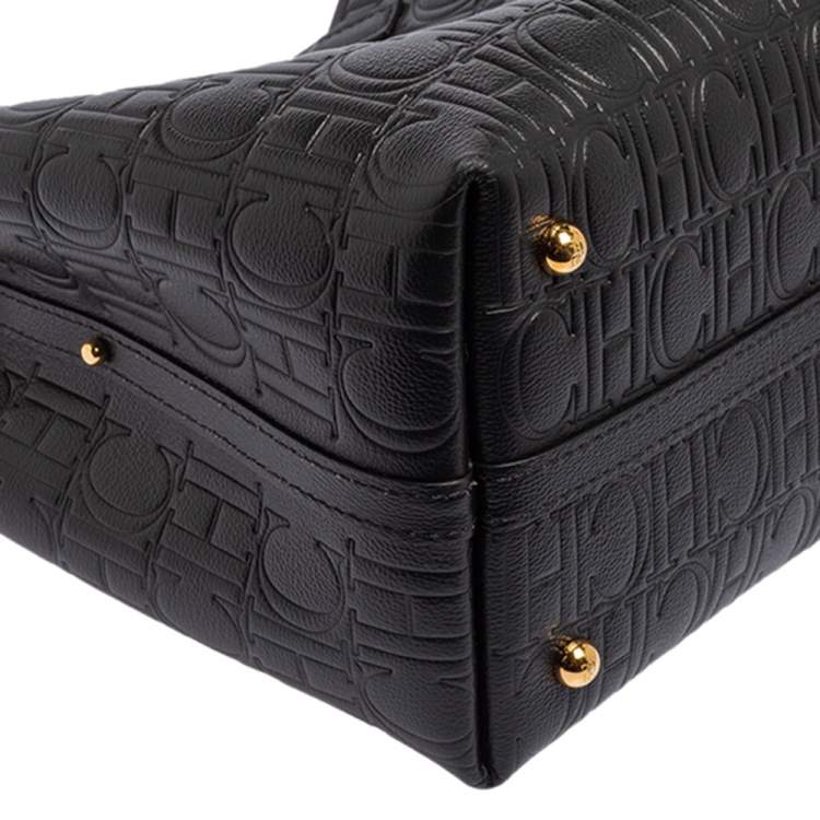 Pre Owned Carolina Herrera Black Monogram Embossed Leather Small Matryoshka Locked Tote