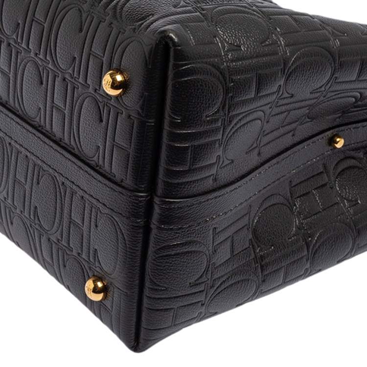 Pre Owned Carolina Herrera Black Monogram Embossed Leather Small Matryoshka Locked Tote