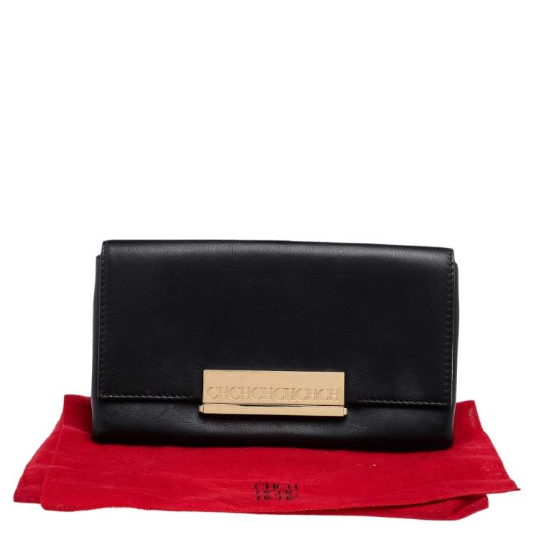 Pre Owned Carolina Herrera Black Leather Flap Clutch