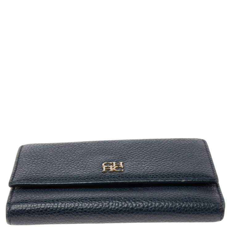 Pre Owned Carolina Herrera Dark Blue Leather Tri Fold Wallet