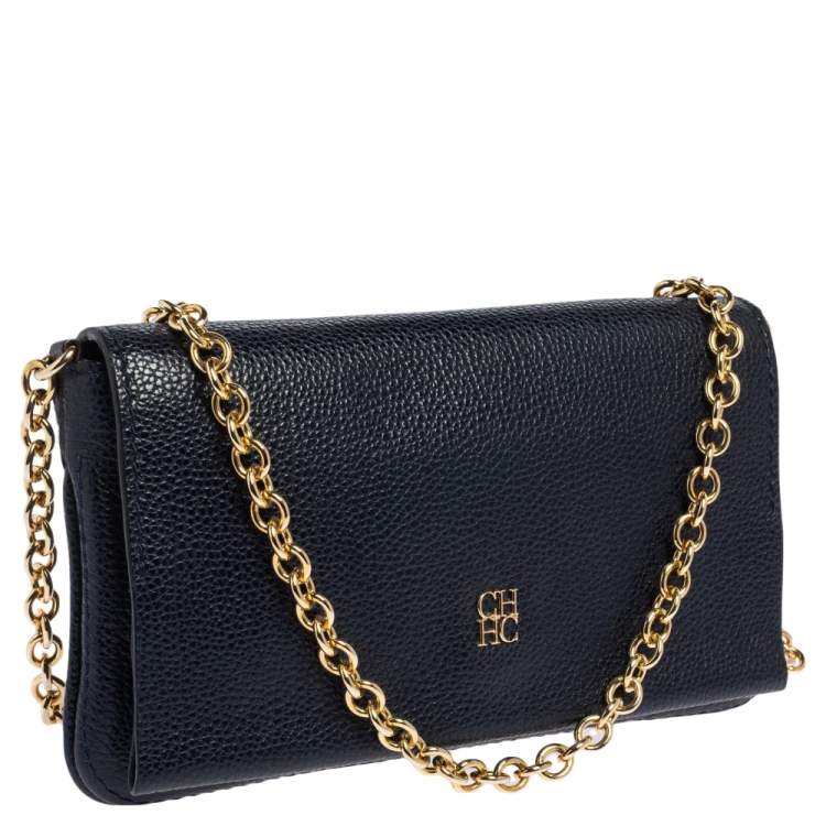 Pre Owned Carolina Herrera Navy Blue Leather Chain Clutch