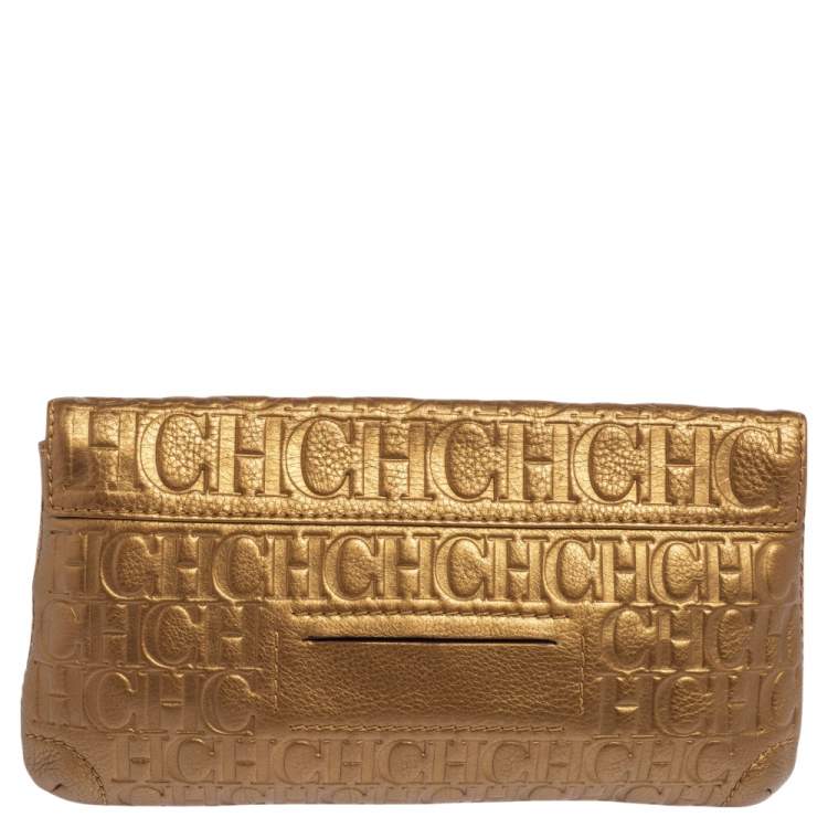 Pre Owned Carolina Herrera Gold Monogram Embossed Leather Bow Flap Clutch