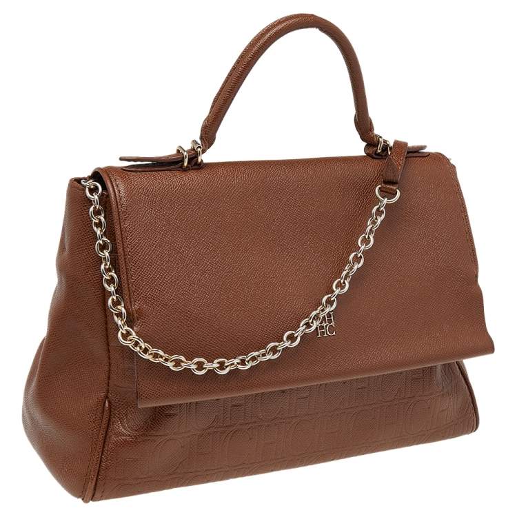 Pre Owned Carolina Herrera Brown Embossed Monogram Leather Minuetto Flap Top Handle Bag
