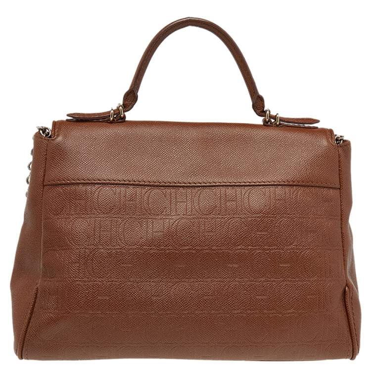 Pre Owned Carolina Herrera Brown Embossed Monogram Leather Minuetto Flap Top Handle Bag