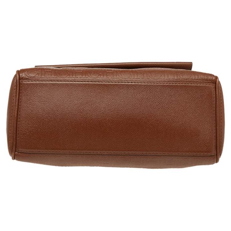Pre Owned Carolina Herrera Brown Embossed Monogram Leather Minuetto Flap Top Handle Bag