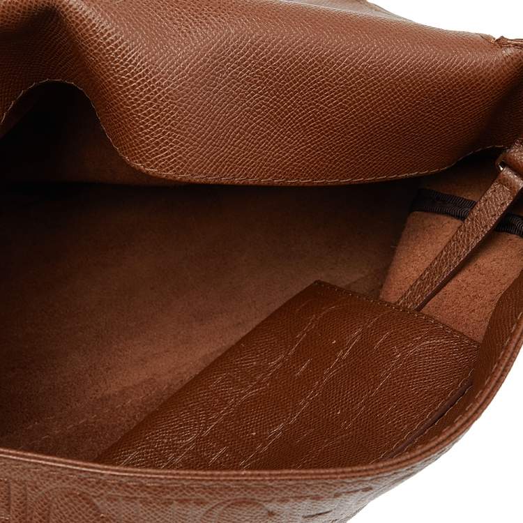 Pre Owned Carolina Herrera Brown Embossed Monogram Leather Minuetto Flap Top Handle Bag