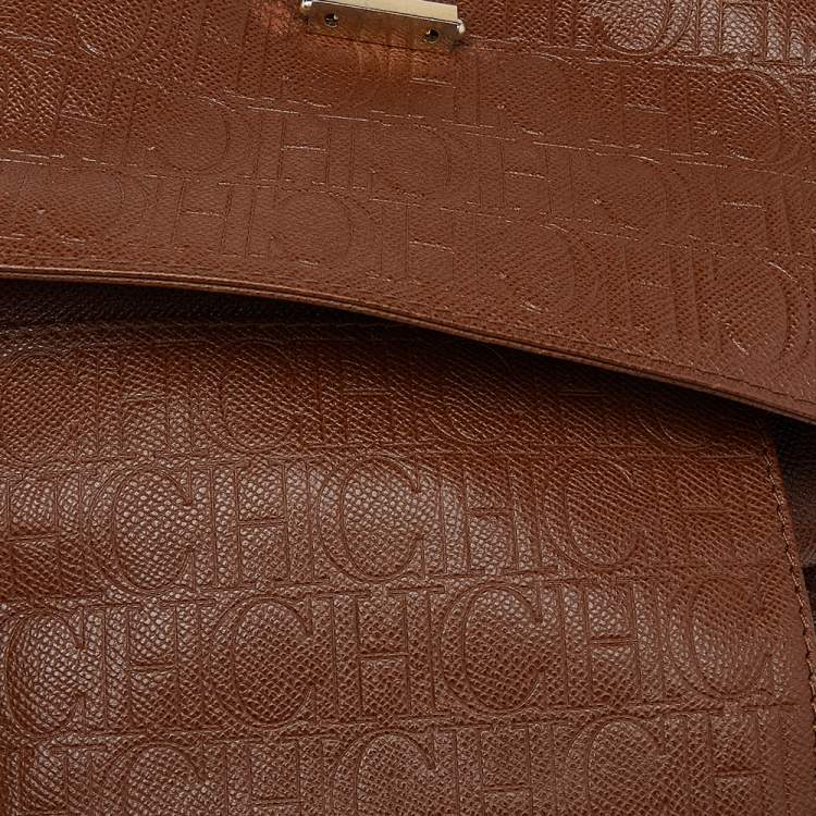 Pre Owned Carolina Herrera Brown Embossed Monogram Leather Minuetto Flap Top Handle Bag
