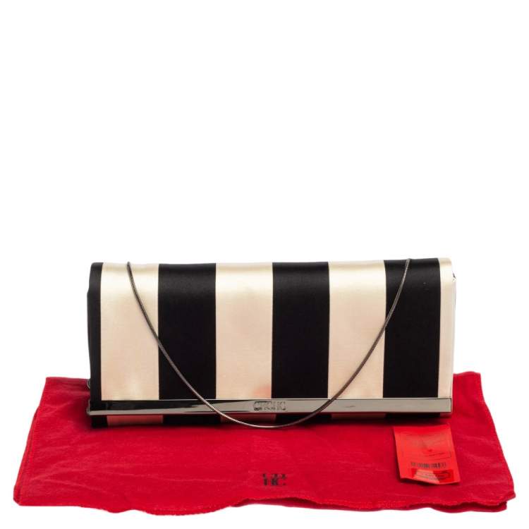 Pre Owned Carolina Herrera Black/White Striped Satin Chain Clutch