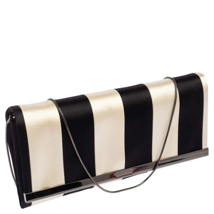 Pre Owned Carolina Herrera Black/White Striped Satin Chain Clutch