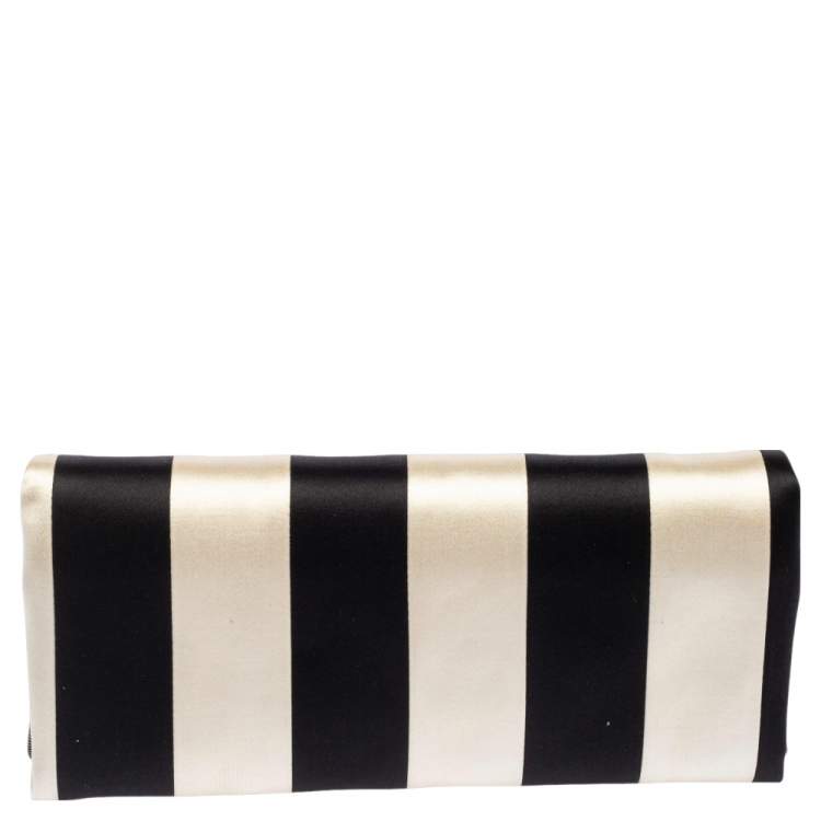 Pre Owned Carolina Herrera Black/White Striped Satin Chain Clutch