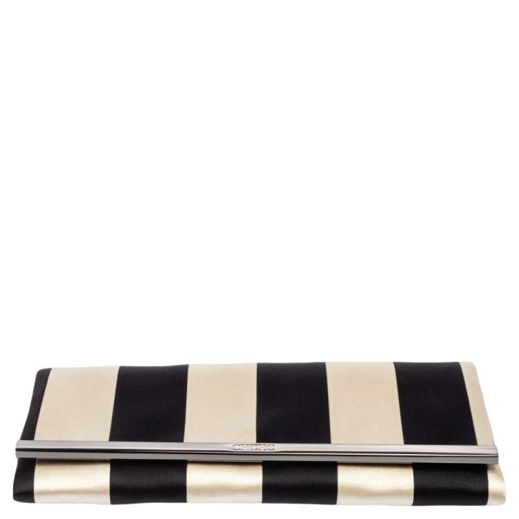 Pre Owned Carolina Herrera Black/White Striped Satin Chain Clutch