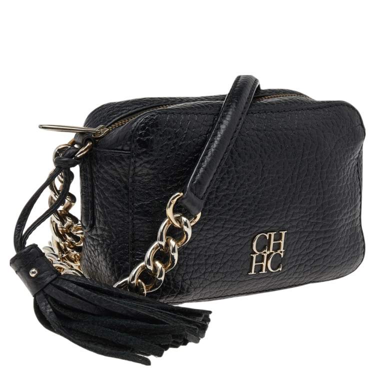 Pre Owned Carolina Herrera Black Pebbled Leather Camera Tassel Shoulder Bag