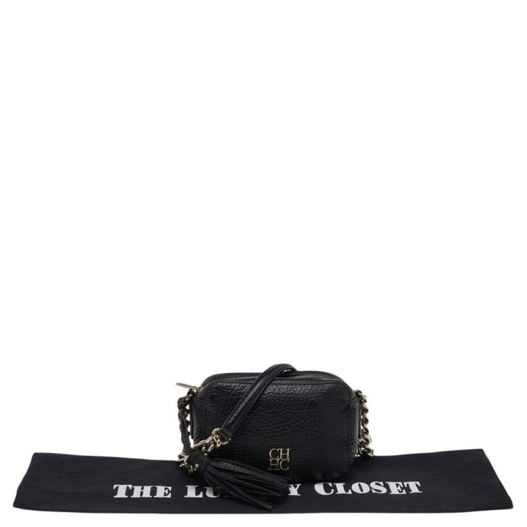 Pre Owned Carolina Herrera Black Pebbled Leather Camera Tassel Shoulder Bag