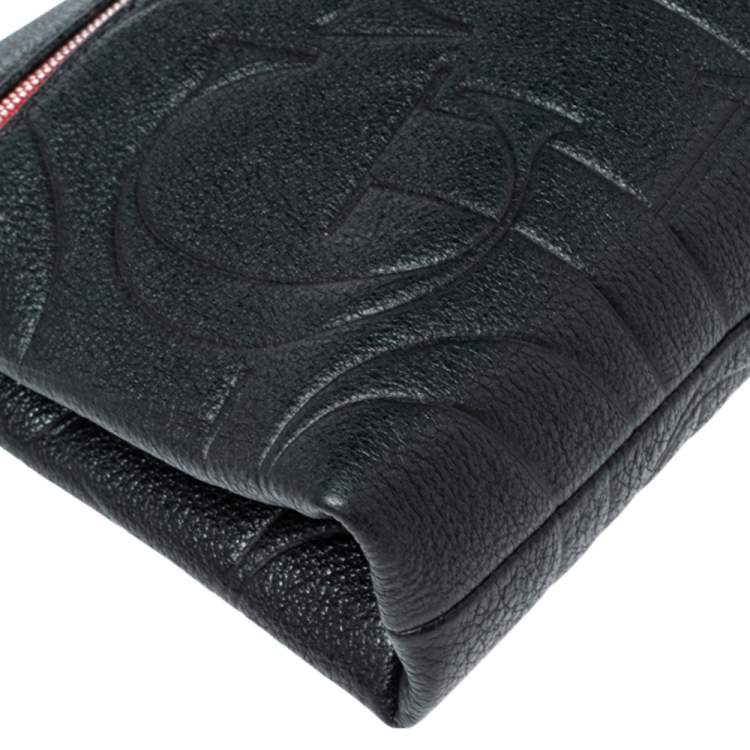 Pre Owned Carolina Herrera Black Monogram Embossed Leather Front Zip Crossbody Bag