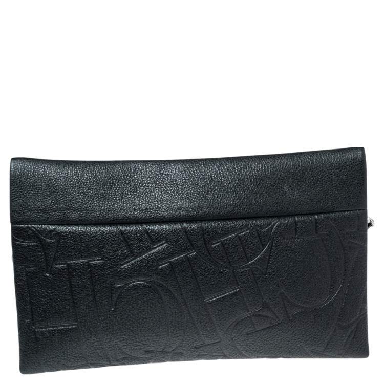 Pre Owned Carolina Herrera Black Monogram Embossed Leather Front Zip Crossbody Bag