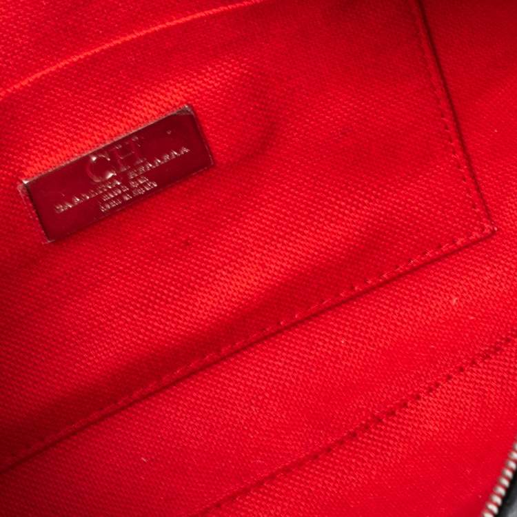 Pre Owned Carolina Herrera Black Monogram Embossed Leather Front Zip Crossbody Bag