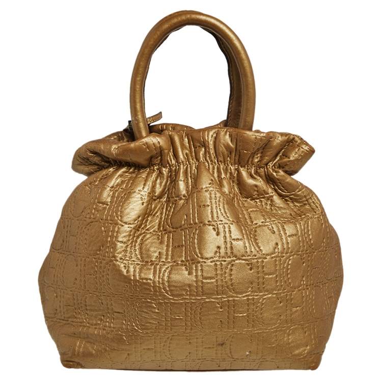 Pre Owned Carolina Herrera Gold Monogram Embossed Leather Bucket Bag