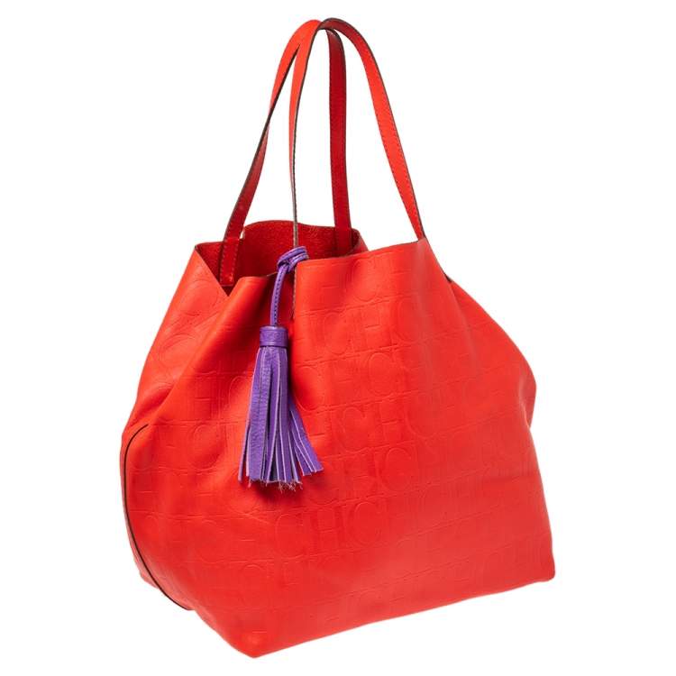 Pre Owned Carolina Herrera Red Monogram Leather Matryoshka Tote