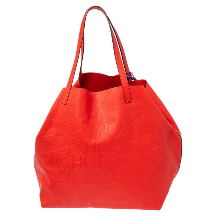 Pre Owned Carolina Herrera Red Monogram Leather Matryoshka Tote